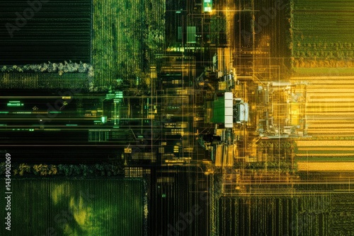 Abstract digital glitch art overlaying aerial farmland view.