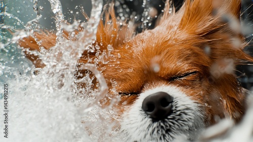 Obraz na płótnie Wet, happy dog shaking water off its fur; close-up shot w salonie