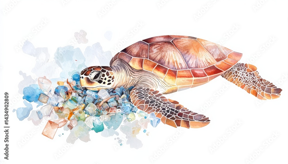 Obraz premium A detailed illustration of a turtle surrounded by various pieces of plastic, highlighting ocean pollution and its impact on marine life.