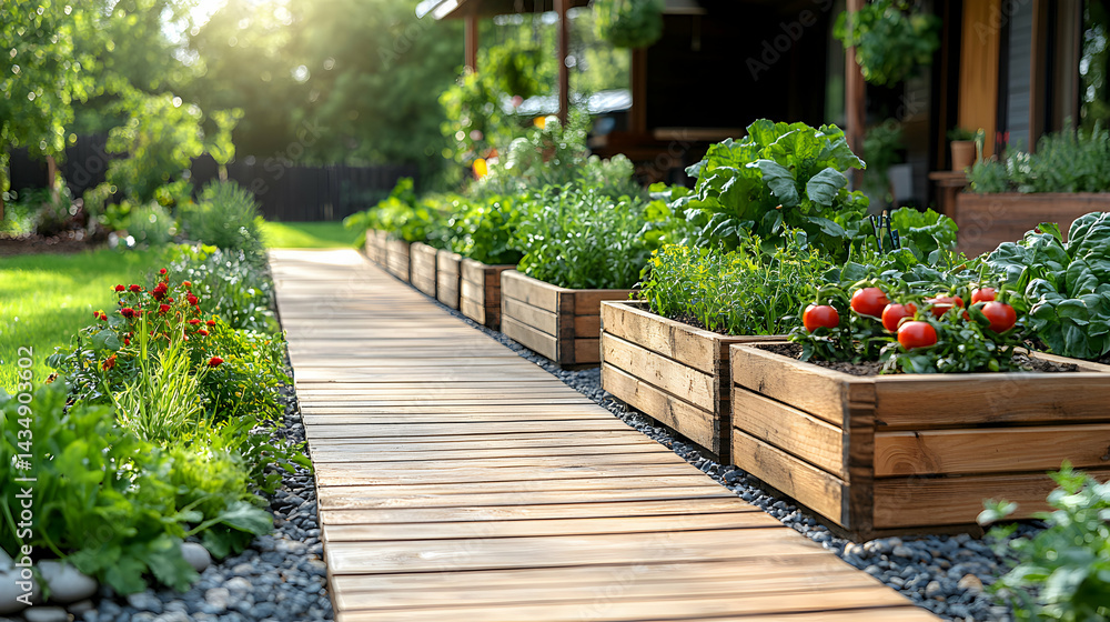 Serene garden path beside raised wooden planters filled with flourishing vegetables and flowers. Sunlight illuminates the tranquil scene. Serene garden path beside raised wooden planters filled with flourishing vegetables and flowers. Sunlight illuminates the tranquil scene.