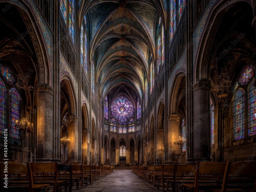 Fototapeta premium cathedral chancel view with the last rays of sunset blazing through stained glass windows, casting ruby and sapphire light across the empty pews and marble altar