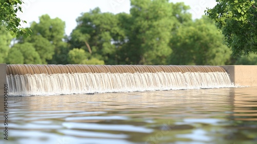 Obraz na płótnie Serene waterfall cascading over a low dam into a calm pool, surrounded by lush greenery w salonie