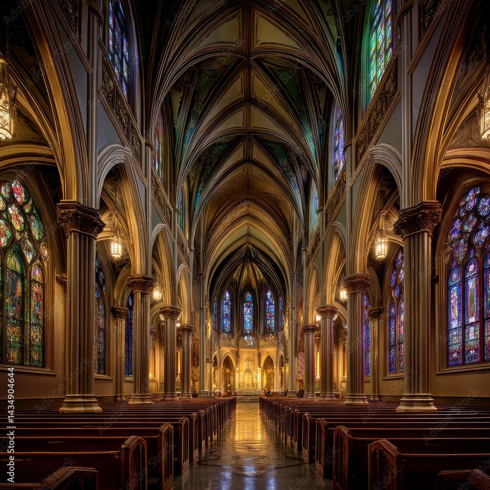 cathedral chancel view with the last rays of sunset blazing through stained glass windows, casting ruby and sapphire light across the empty pews and marble altar cathedral chancel view with the last rays of sunset blazing through stained glass windows, casting ruby and sapphire light across the empty pews and marble altar