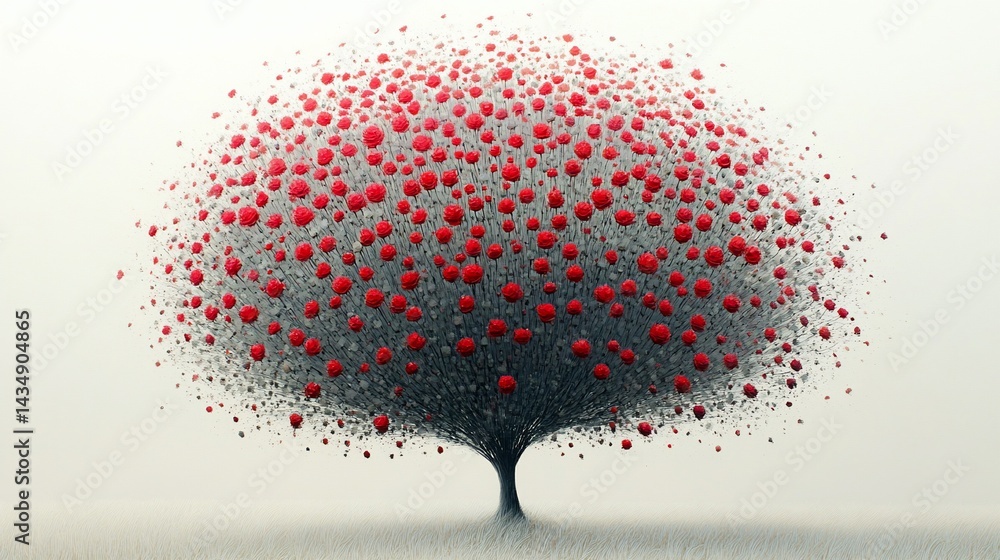 Abstract tree with vibrant red fruit-like spheres