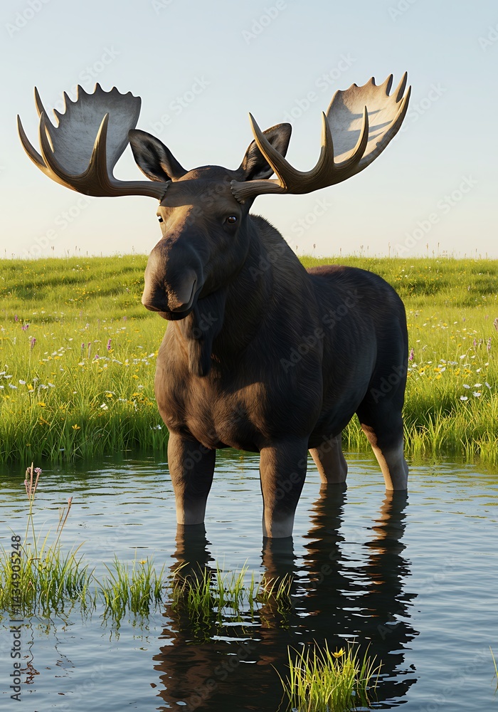 Fototapeta premium Majestic Moose: Digital Render of Wilderness Majesty AI Generated