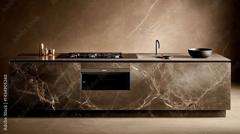 Modern kitchen island with marble countertops. Sophisticated design