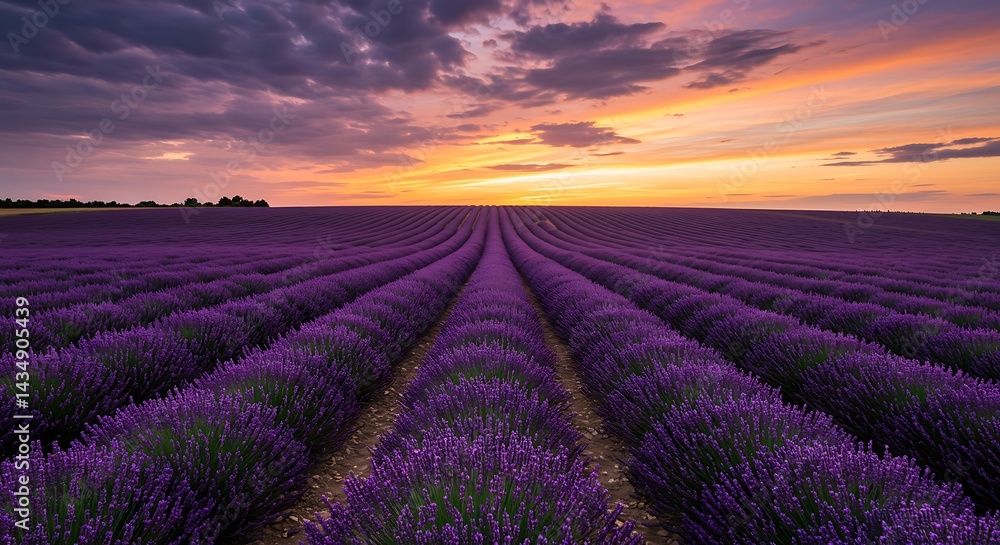Lavender Fields at Sunset: Serene Purple Rows in a Romantic Landscape Lavender Fields at Sunset: Serene Purple Rows in a Romantic Landscape