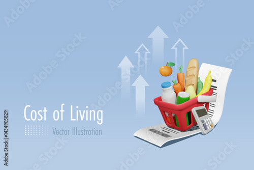 High cost of living, high graph on grocery foods and drinks in shopping basket. Money spending on expensive food and drink price, economic and inflation concept. 3D vector.