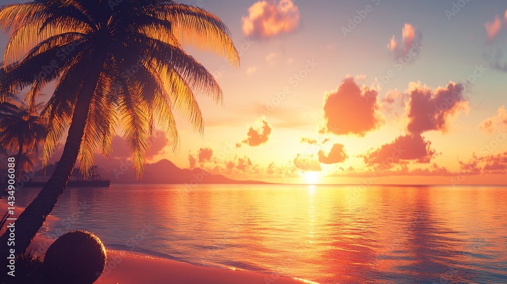Tropical sunset over calm ocean, palm trees on sandy beach
