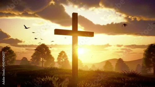 Christian cross on mountain peak at sunset. Spiritual video for Easter, Good Friday, or Christmas. Dramatic sky with divine light. Faith concept.
