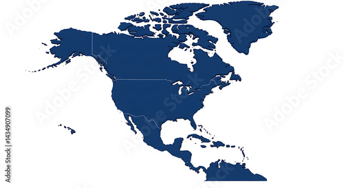 North America continent map illustration in dark blue against white