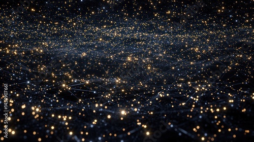 Abstract digital network, glowing particles and lines forming a complex structure.