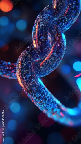 Abstract glowing blue chain links with digital particles.