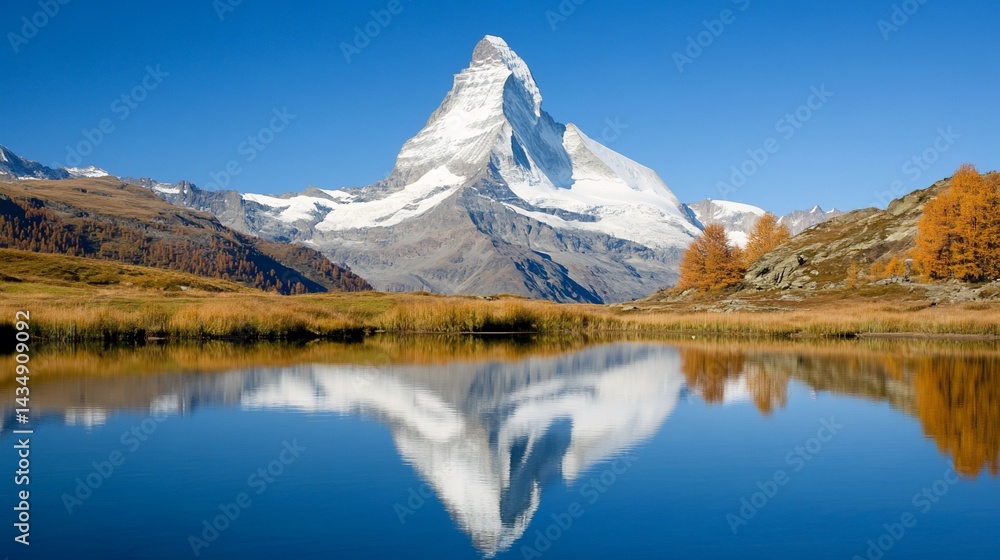 Majestic mountain reflects in calm lake, surrounded by autumnal trees under clear sky