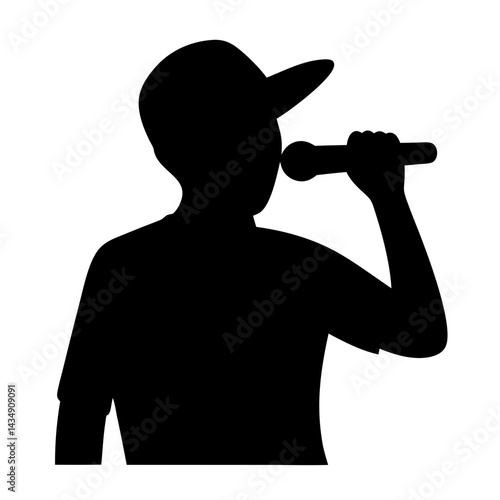 Silhouette of a singer with a microphone, transparent . wearing a cap, performing on stage