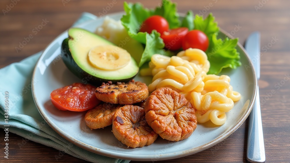 Balanced meal for No Diet Day, healthy and indulgent foods together, eating for pleasure and health Balanced meal for No Diet Day, healthy and indulgent foods together, eating for pleasure and health