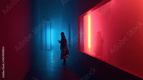 Close up Young man's hand holding mobile phone with empty screen against neon purple blue background,Male hand with smartphone. Blank white screen. Mock-up Red and blue neon light in dark black room.