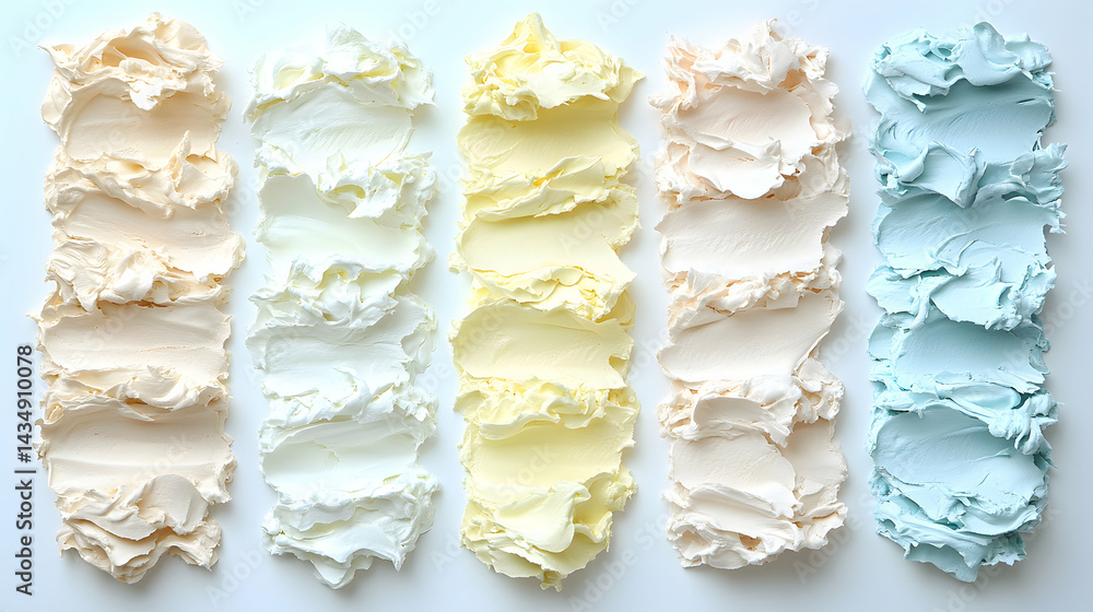 Abstract pastel swirls of creamy texture; five vertical columns of different shades on white background. Perfect for beauty, food, or design projects. Abstract pastel swirls of creamy texture; five vertical columns of different shades on white background. Perfect for beauty, food, or design projects.