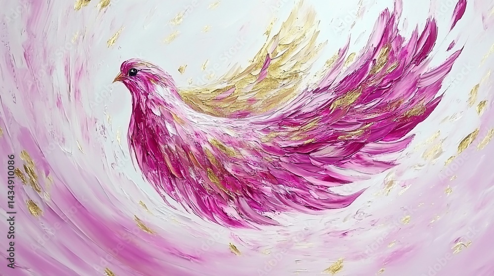A vibrant pink and gold bird in flight
