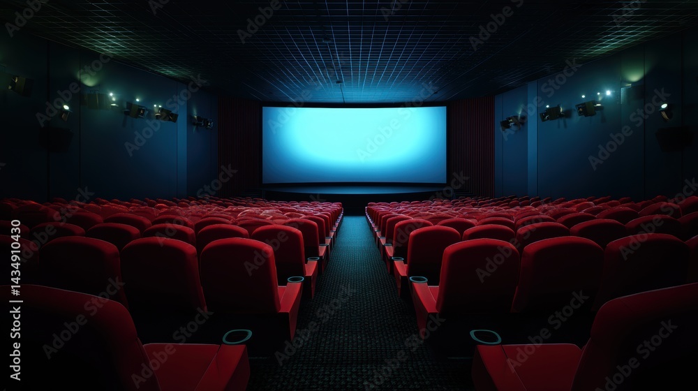 Obraz premium People in the cinema auditorium with Cinema blank wide screen and red chairs in the cinema hall,People silhouettes watching movie performance,empty white screen,space for text,copy space.