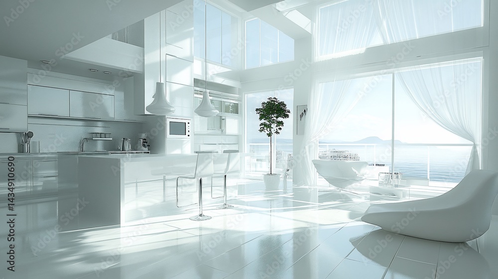 Sunlit modern white kitchen & living space with ocean view