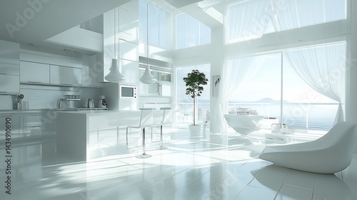 Obraz na płótnie Sunlit modern white kitchen & living space with ocean view w salonie