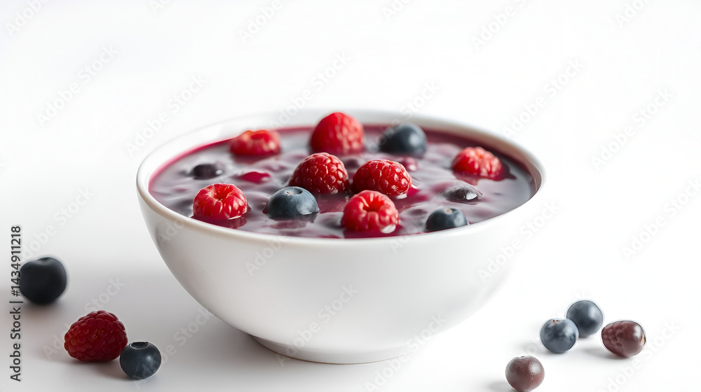 A vibrant, acai berry bowl, its smooth surface glistening under the soft glow, sits majestically against a pristine white backdrop, inviting the beholder to indulge in its healthy and delicious A vibrant, acai berry bowl, its smooth surface glistening under the soft glow, sits majestically against a pristine white backdrop, inviting the beholder to indulge in its healthy and delicious