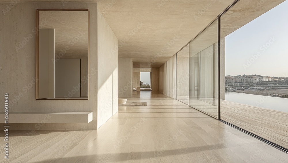Fototapeta premium Modern, minimalist interior hallway with expansive views.