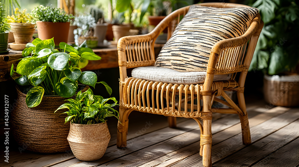 Obraz premium Relaxing sunlit conservatory scene with rattan armchair, potted plants, and natural wooden floor. Perfect for home decor, wellness, and lifestyle projects.