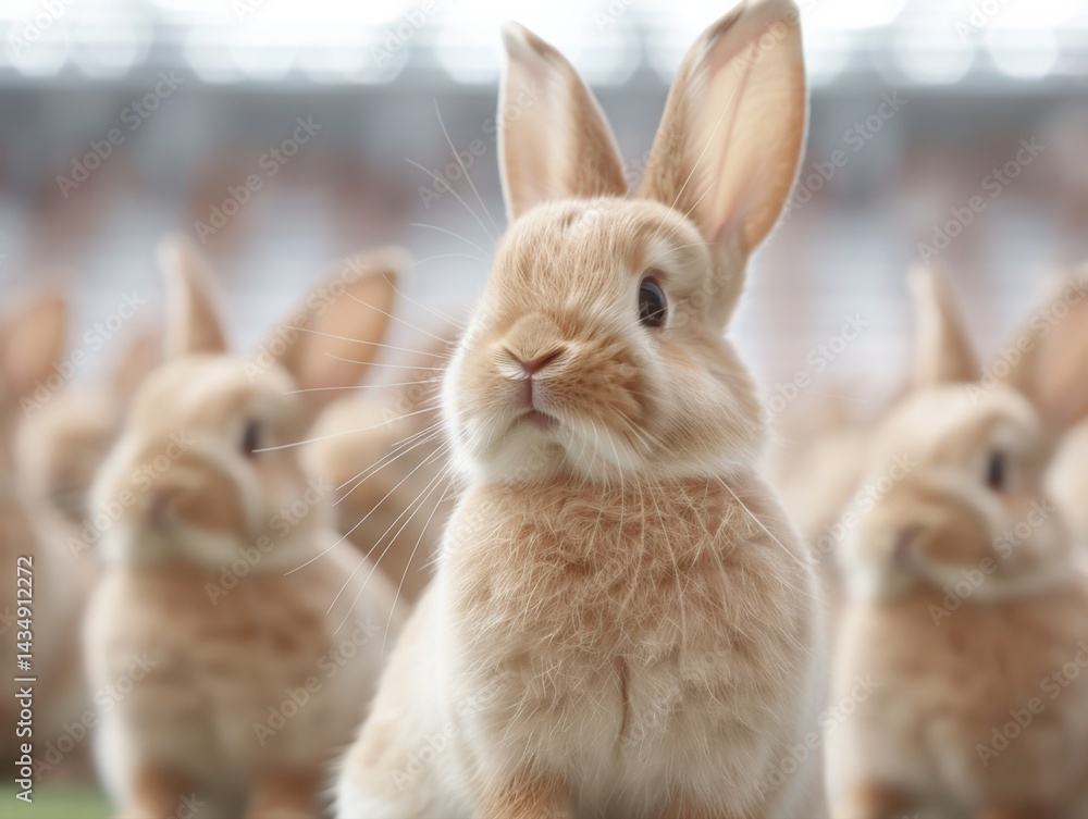 A close-up of a fluffy rabbit with large ears, surrounded by other rabbits, showcasing its curious expression and soft fur. A close-up of a fluffy rabbit with large ears, surrounded by other rabbits, showcasing its curious expression and soft fur.