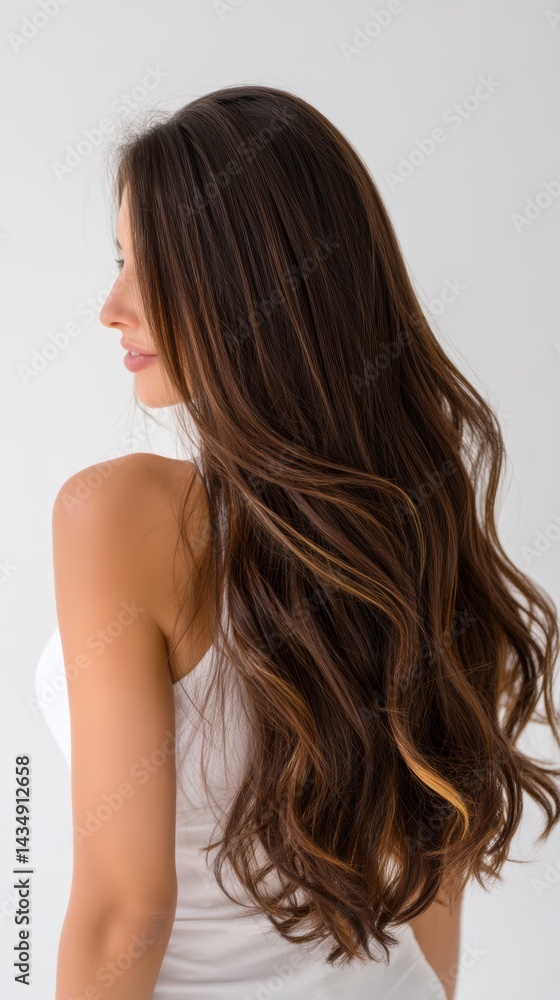 Naklejka premium Beautiful model girl with Brown hair strand,silky healthy chestnut wavy hair strand,hair wavy ribbon, with smooth,Keratin straightening,Treatment,straight long hair,procedures,Smooth hairstyle.