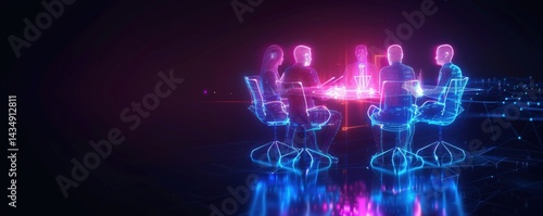 A digital representation of a futuristic meeting with holographic figures around a table, showcasing technology and collaboration.