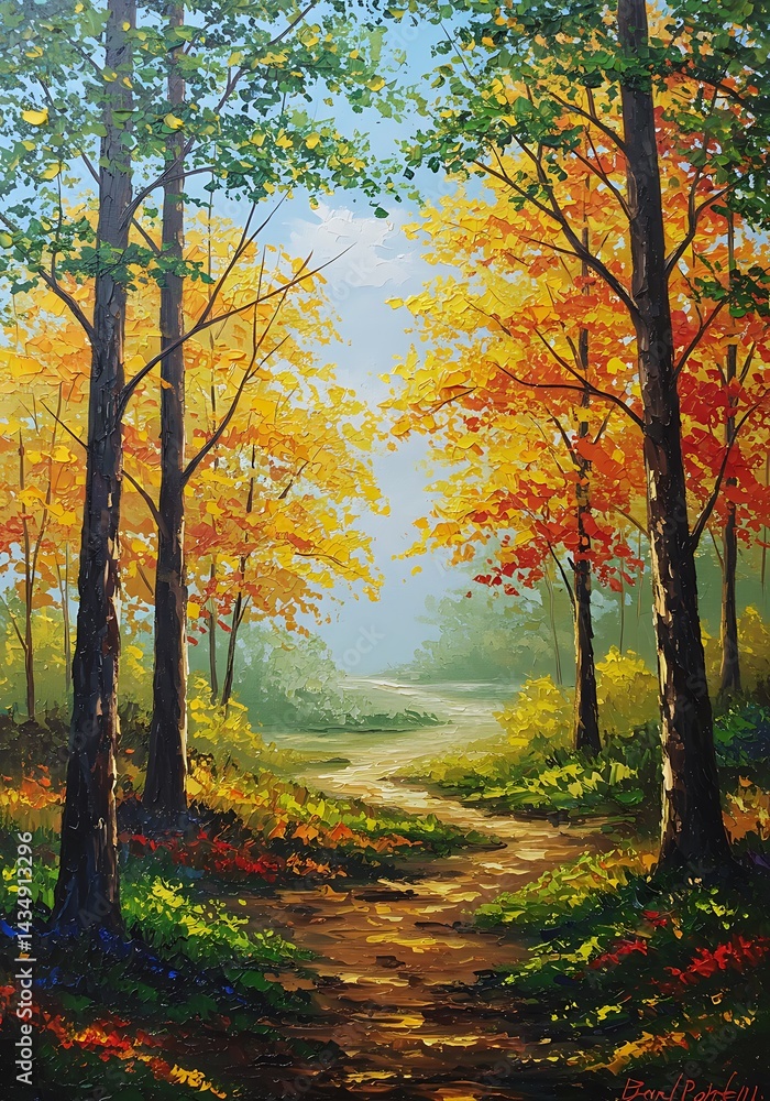 Obraz premium Autumn Path: A Vibrant Oil Painting AI Generated
