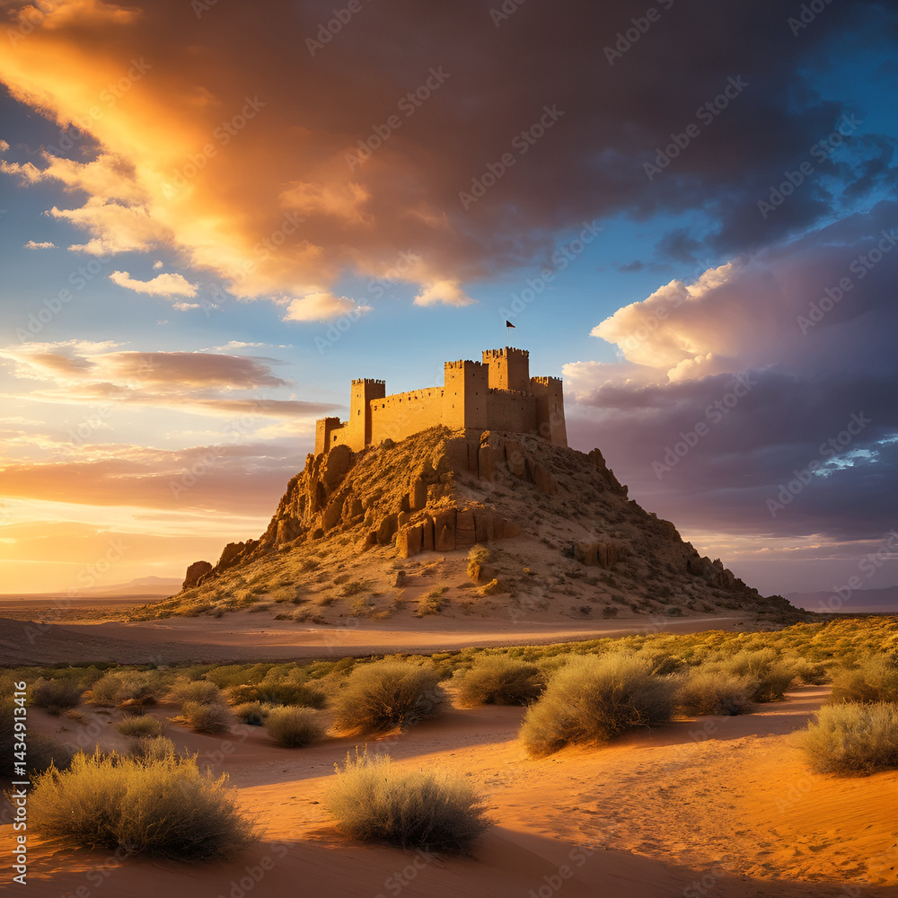 Fototapeta premium Ancient fortress standing resilient in a vast desert landscape under a dramatic sky at sunset