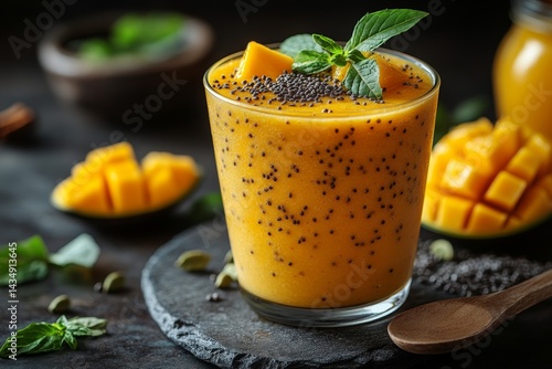 Mango chia smoothie, dark background, healthy recipe