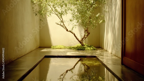 Obraz na płótnie Tranquil indoor courtyard with a small tree and reflecting pool. Sunlight streams through the space, creating a serene atmosphere w salonie