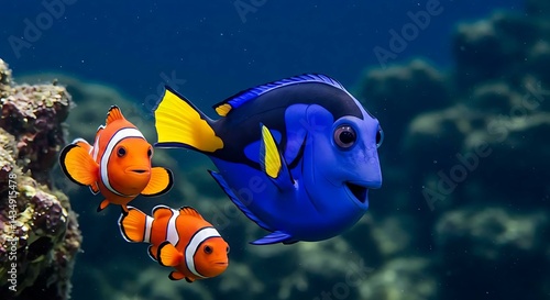 close up of a nemo and dori fish in the sea with coral reef
