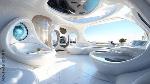 Obraz na płótnie Futuristic white interior design with organic forms, large windows, and city views w salonie