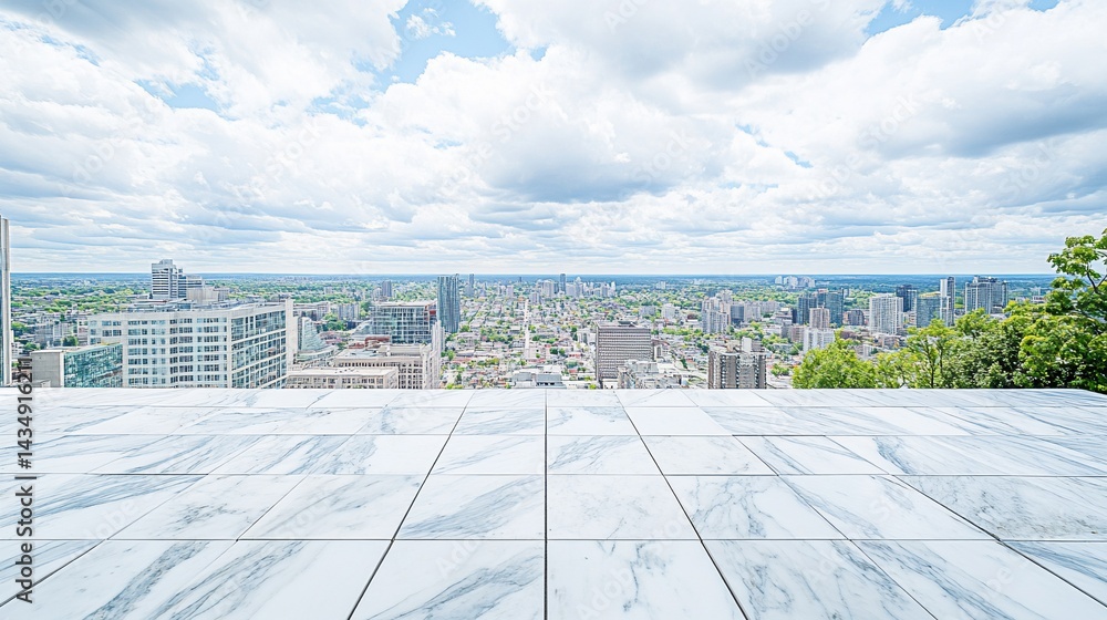 Empty marble floor with city skyline view