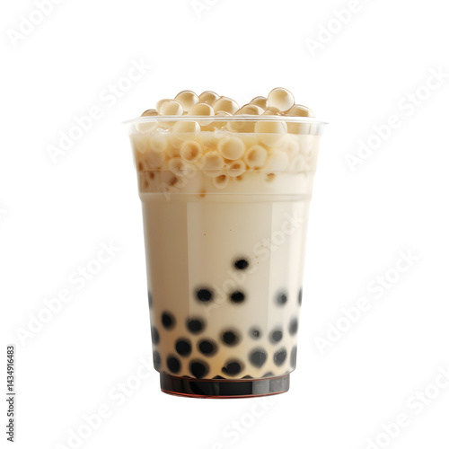 Realistic bubble tea drink with visible tapioca pearls and light reflections on the transparent cup,glass,drink,brown,chocolate,