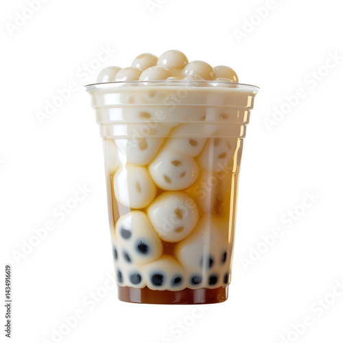 Realistic bubble tea drink with visible tapioca pearls and light reflections on the transparent cup,glass,drink,brown,
