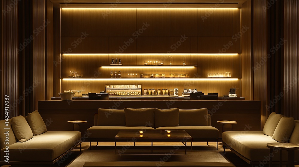 Luxurious, modern lounge area with warm lighting