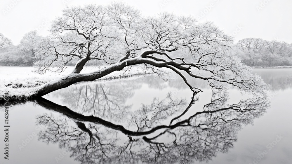 Frost-covered tree leans over water, mirroring its shape. Winter scene