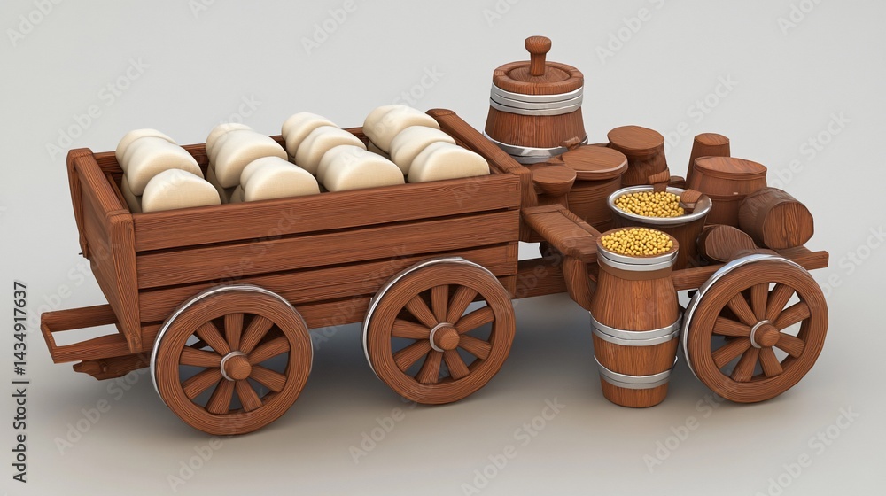 Wooden cart laden with barrels, grain, and cheeses