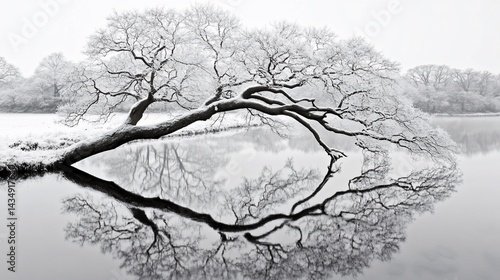 Obraz na płótnie Frost-covered tree leans over water, mirroring its shape. Winter scene w salonie