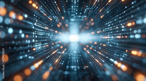 A futuristic digital tunnel with glowing lines and particles, suggesting movement and depth in a vibrant technological landscape.