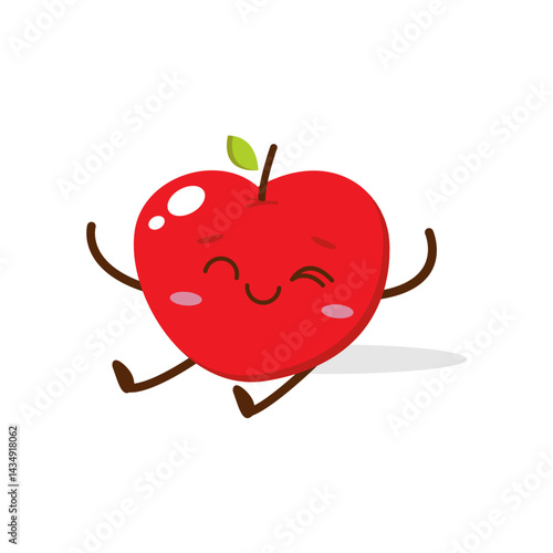 Cute Smiling Red Apple Character Waving – Kawaii Red Fruit Mascot Vector