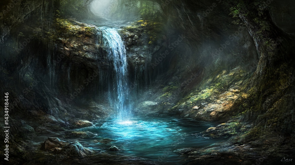 Mystical waterfall in a hidden cave. Lush, tranquil scene