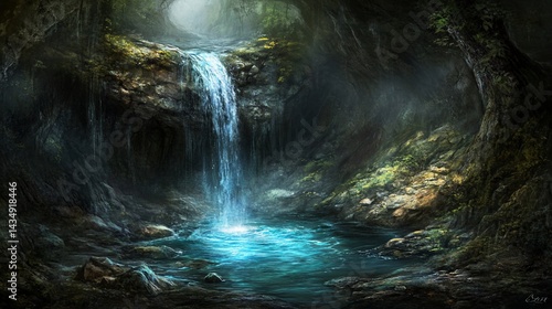 Obraz na płótnie Mystical waterfall in a hidden cave. Lush, tranquil scene w salonie