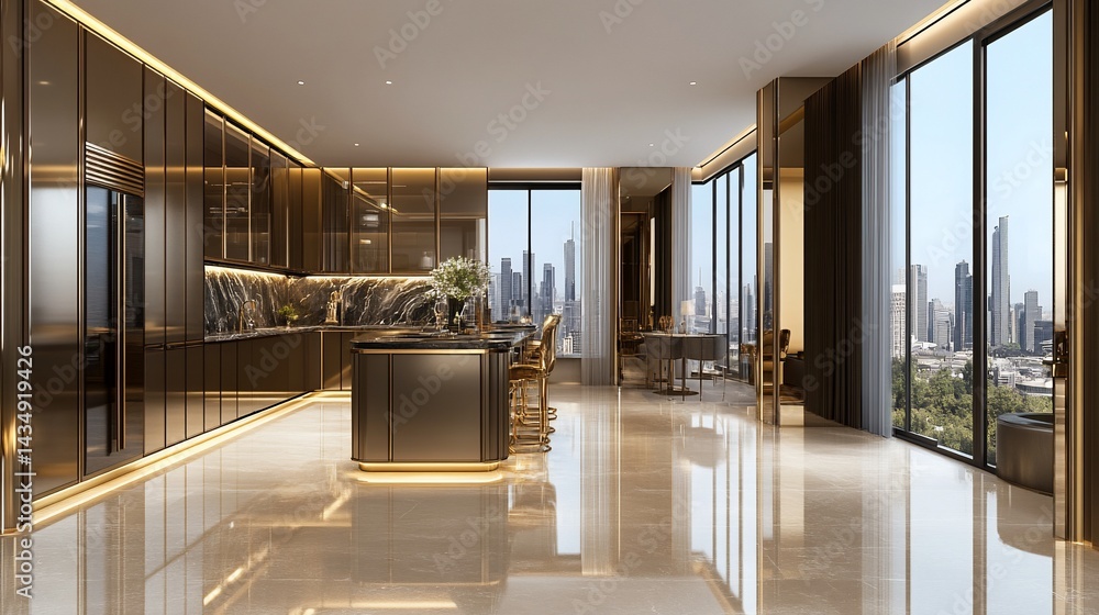 Luxurious modern kitchen with cityscape views, featuring a central island